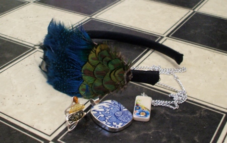 peacock headband, amber ring, vintage porcelain pendant, domino pendant